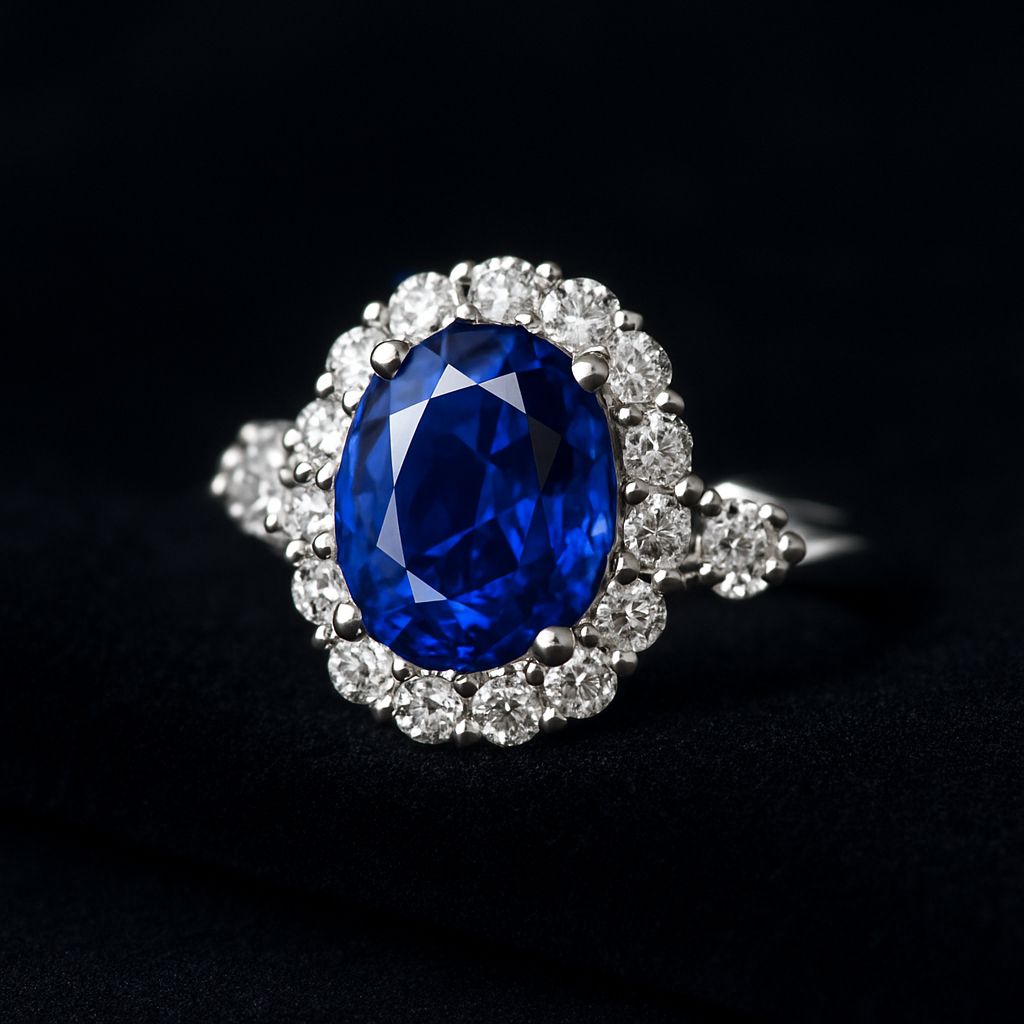 A sapphire and diamond ring on velvet, symbolising the beauty and care of sapphire jewellery.