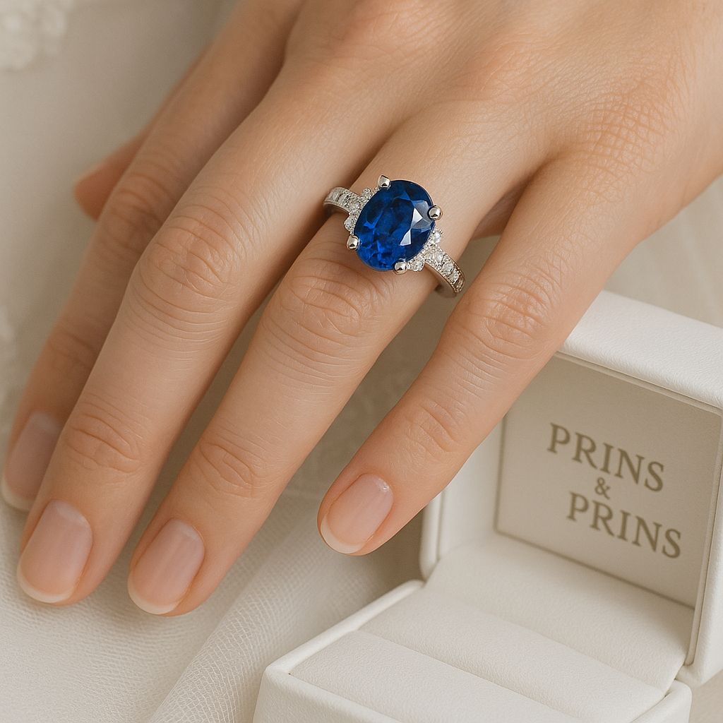 Sapphire engagement ring set in a bespoke Prins & Prins design.