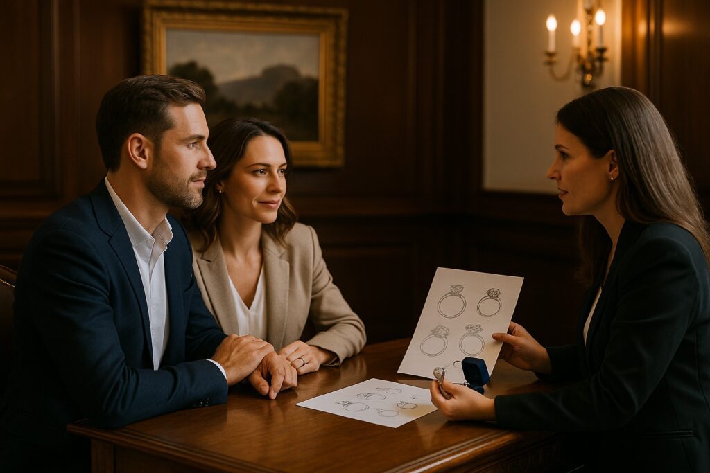 Couple consulting with a Prins & Prins jeweller inside Huguenot House, Cape Town.