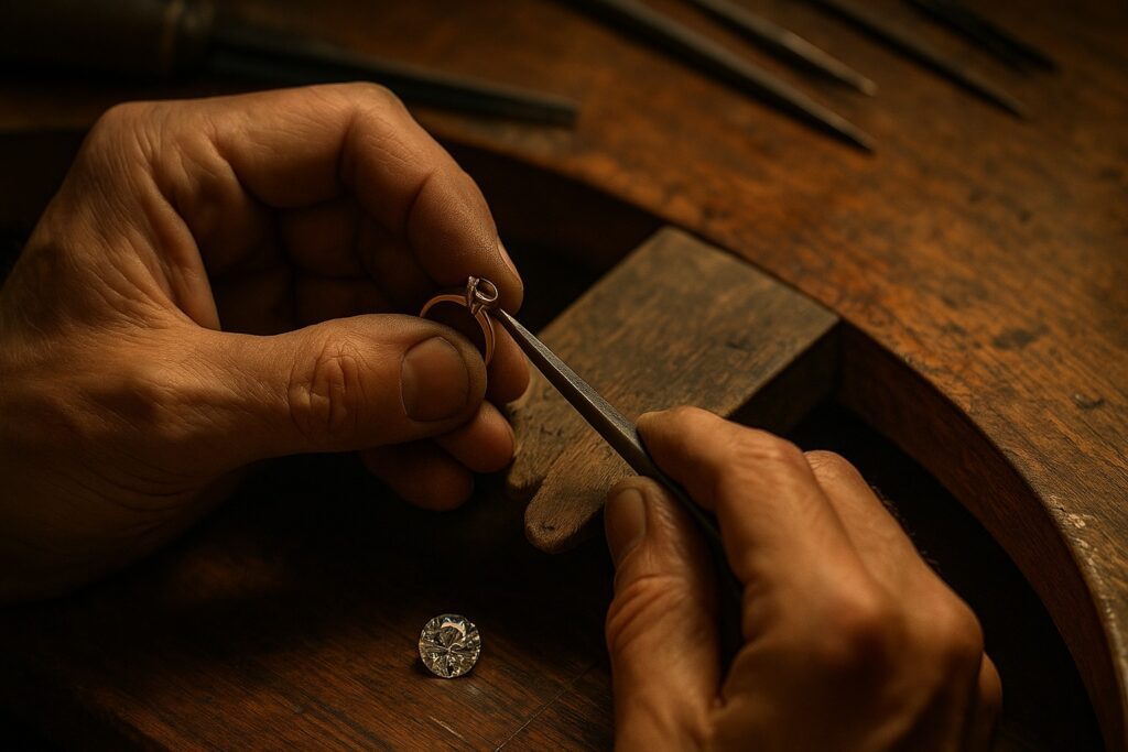 Goldsmith crafting a bespoke ring by hand with a loose diamond nearby.