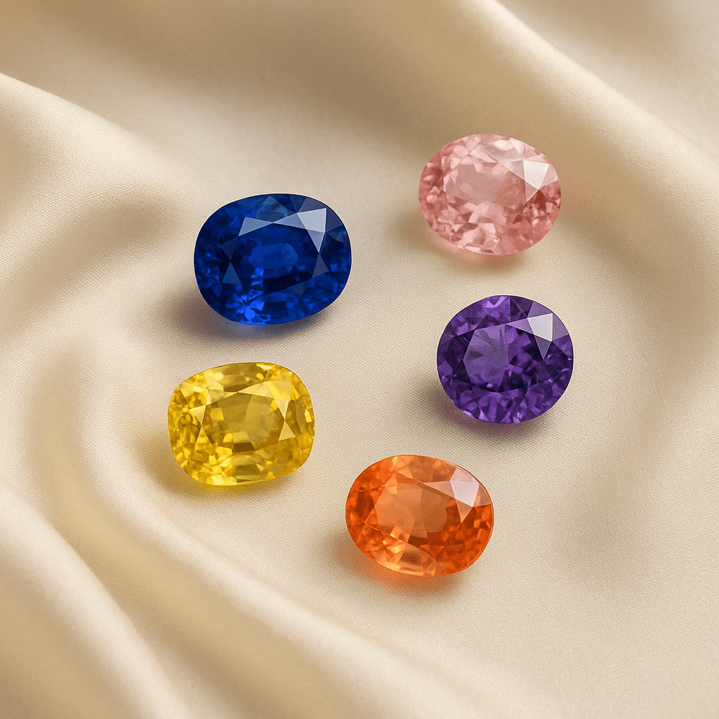 ChatGPT said: Loose sapphires in five colours — vivid blue, soft pink, bright yellow, deep purple, and rare orange padparadscha — displayed on an ivory silk cloth with natural light highlighting their faceted surfaces.