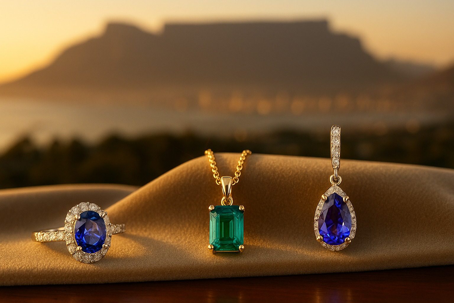 Sapphire ring, emerald pendant, and tanzanite earring displayed with Table Mountain in the background.