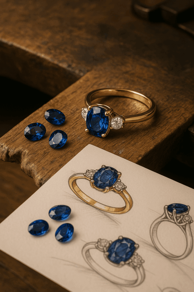 A handcrafted sapphire engagement ring beside loose sapphires and jeweller’s sketches in the Prins & Prins workshop.