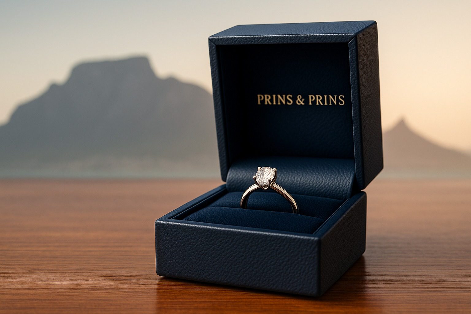 Thumbnail of a handmade diamond ring in a Prins & Prins signature box with Table Mountain silhouette in the background.