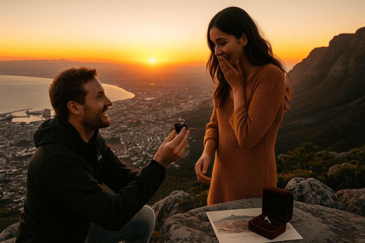 A man kneels to propose with a diamond engagement ring at the summit of Table Mountain at sunset, as the woman reacts with joy, overlooking Cape Town and the ocean.