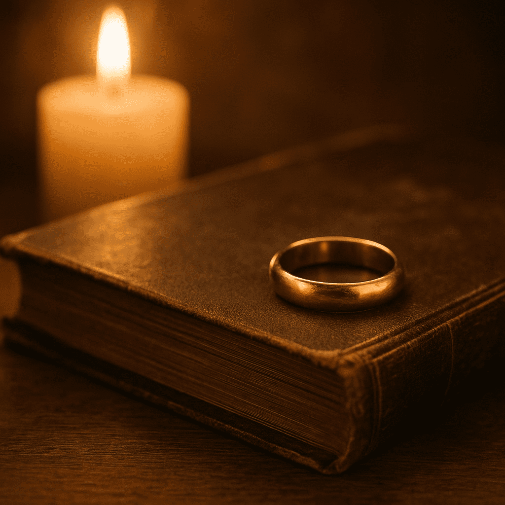 Historic wedding ring beside an old book, symbolising tradition and heritage.