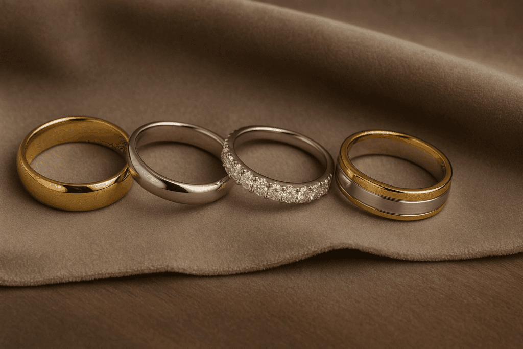 Classic gold, platinum, diamond, and modern wedding ring designs displayed together.