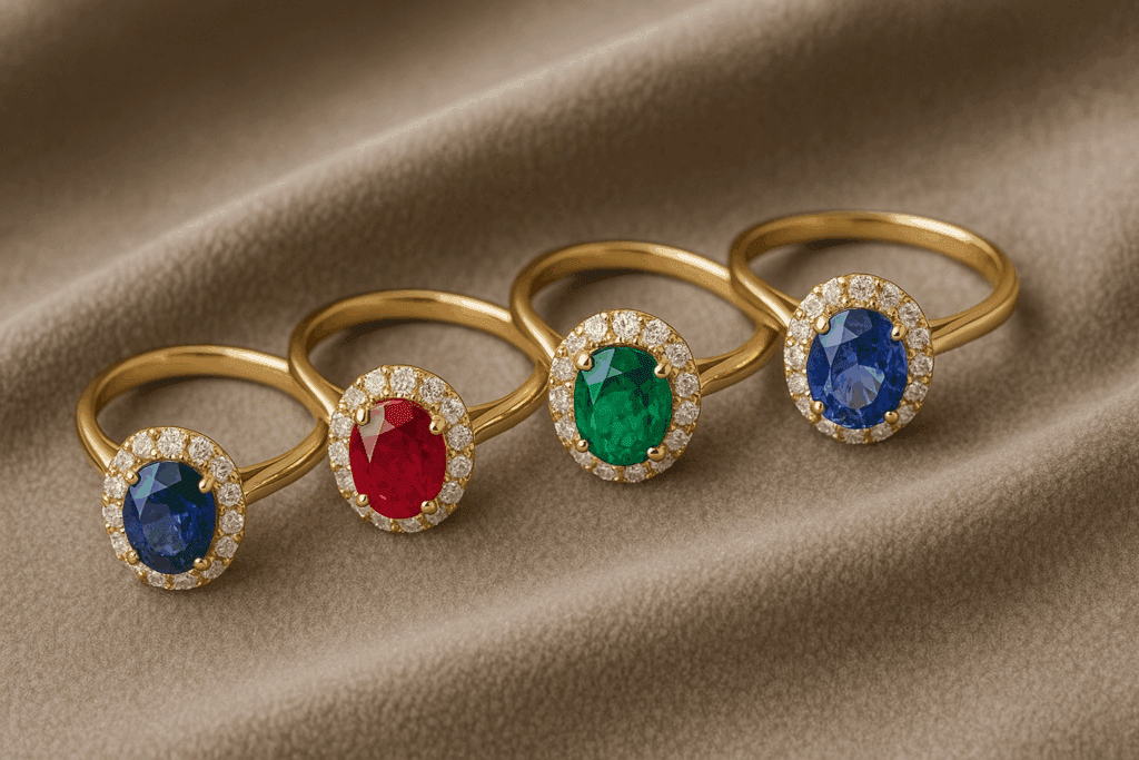 Selection of sapphire, ruby, emerald, and tanzanite engagement rings on velvet.